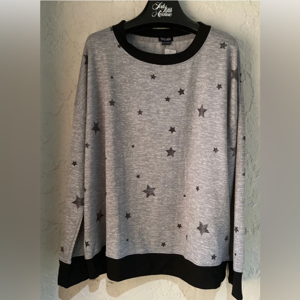 SPLENDID Gray Black Soft Lounge Crewneck Star Print Long Sleeve Pullover Sz XXL